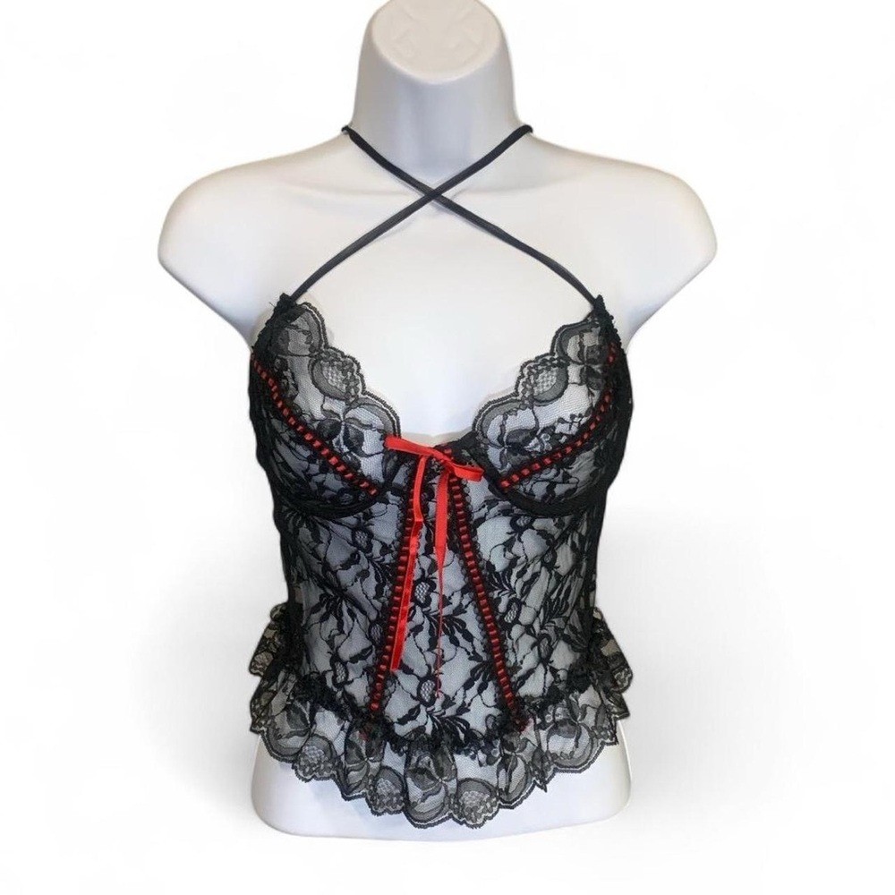 Contempo Casuals Vintage lace duffle trim lingerie top with bow details